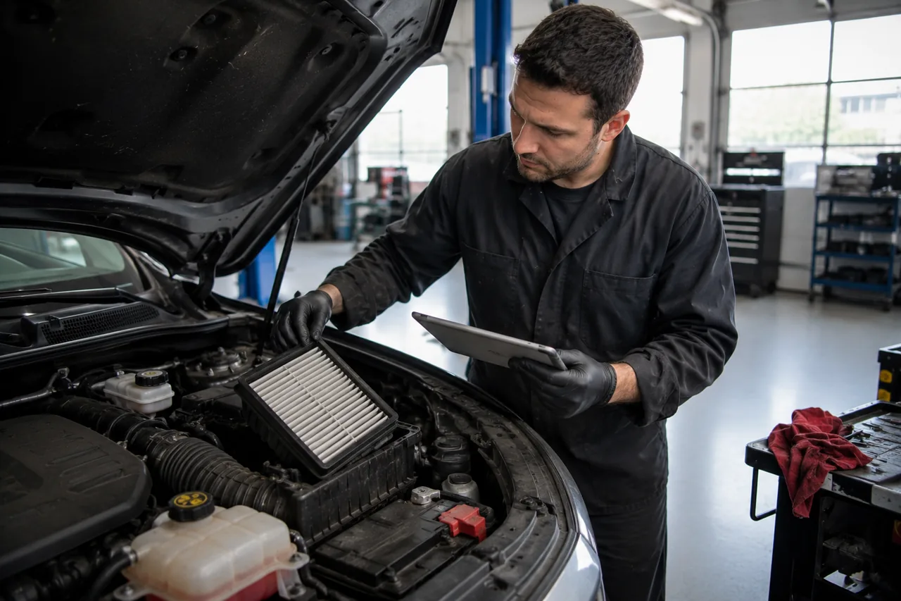 A Big O Tires Burnaby technician inspecting an engine bay